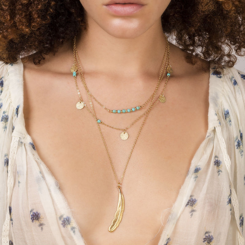 Boho Turquoise Gold Feather Necklace